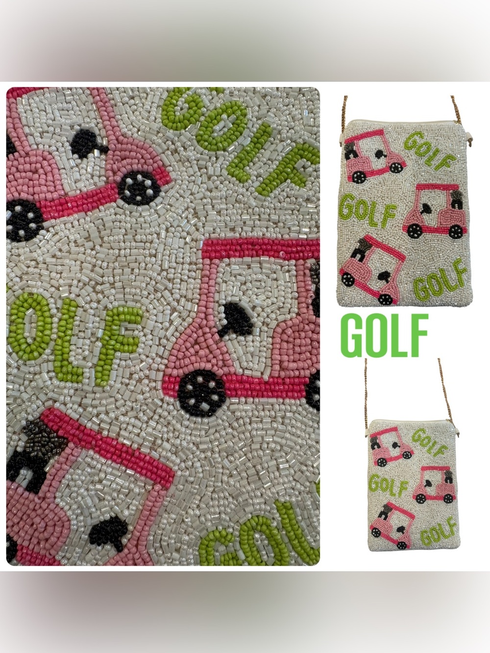 Beaded Golf Cart Crossbody Bag Gold Chain Preppy